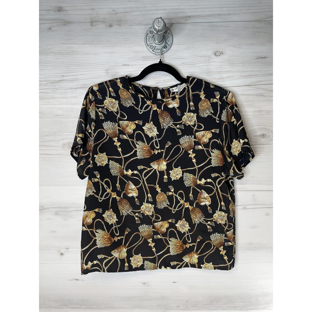 Hana Sung Blouse Womens Medium Black Gold Baroque Tassel Rope Print Short Sleeve